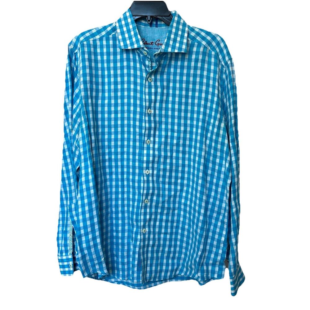 Robert Graham Shirt Mens Large Blue Gingham Classic Fit Long Sleeve Button Up